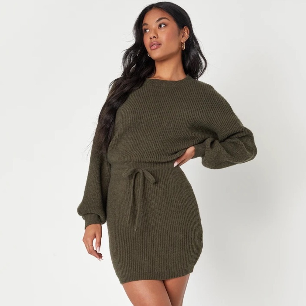 Lulus Flirting with Fall Olive Green Drawstring Mini Sweater Dress